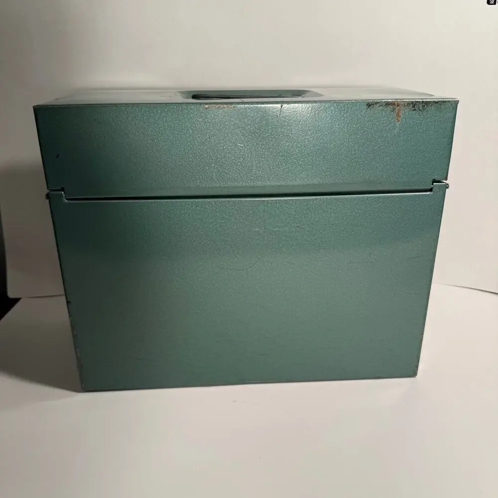 Vintage Metal File Box Hammered Stanley Green 12.5” x 4.5” x 8.5” Latch Handle